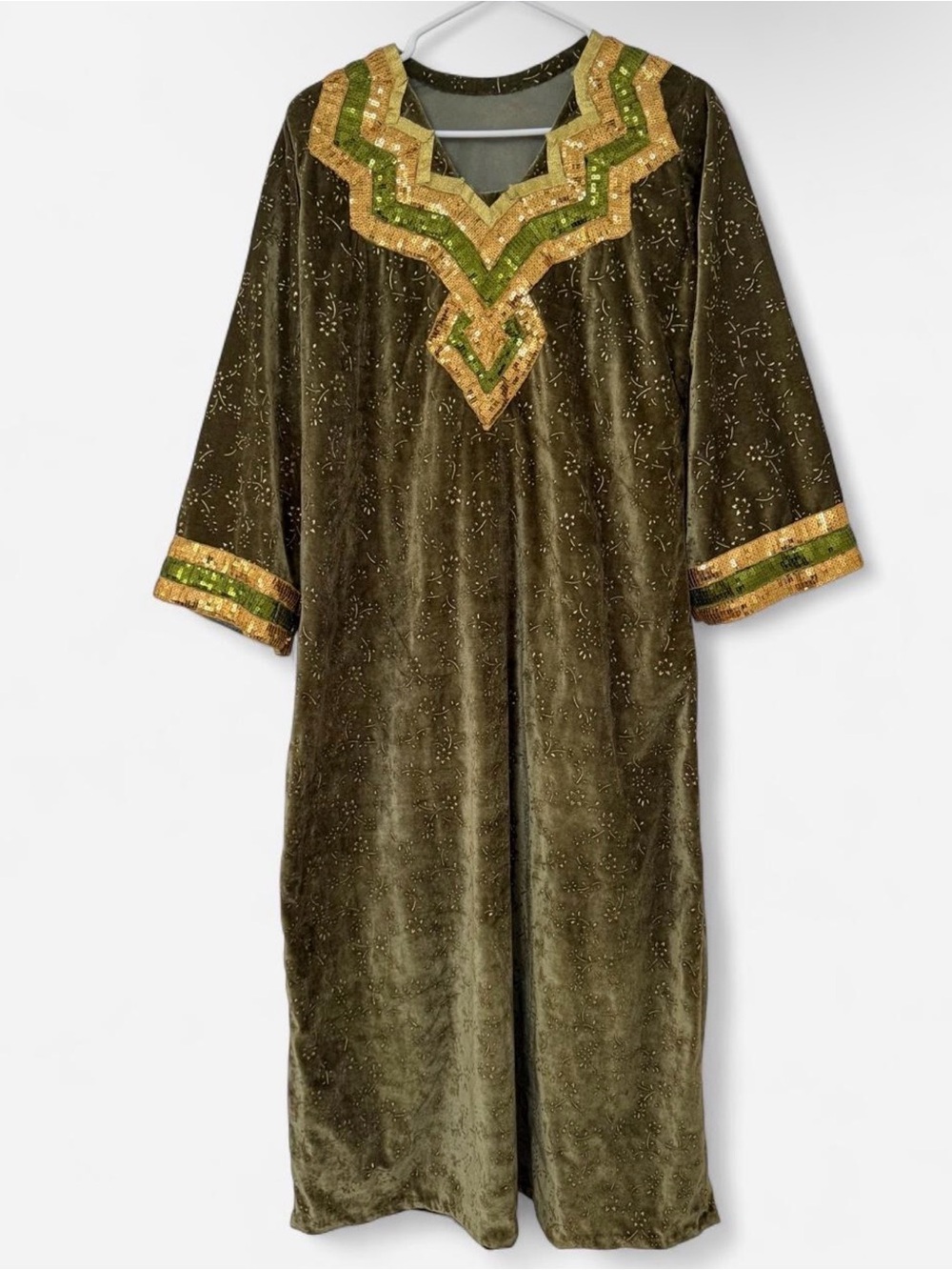 Custom-Made Embellished Olive Velvet Kaftan Dress W/ Gold Sequin- (M)